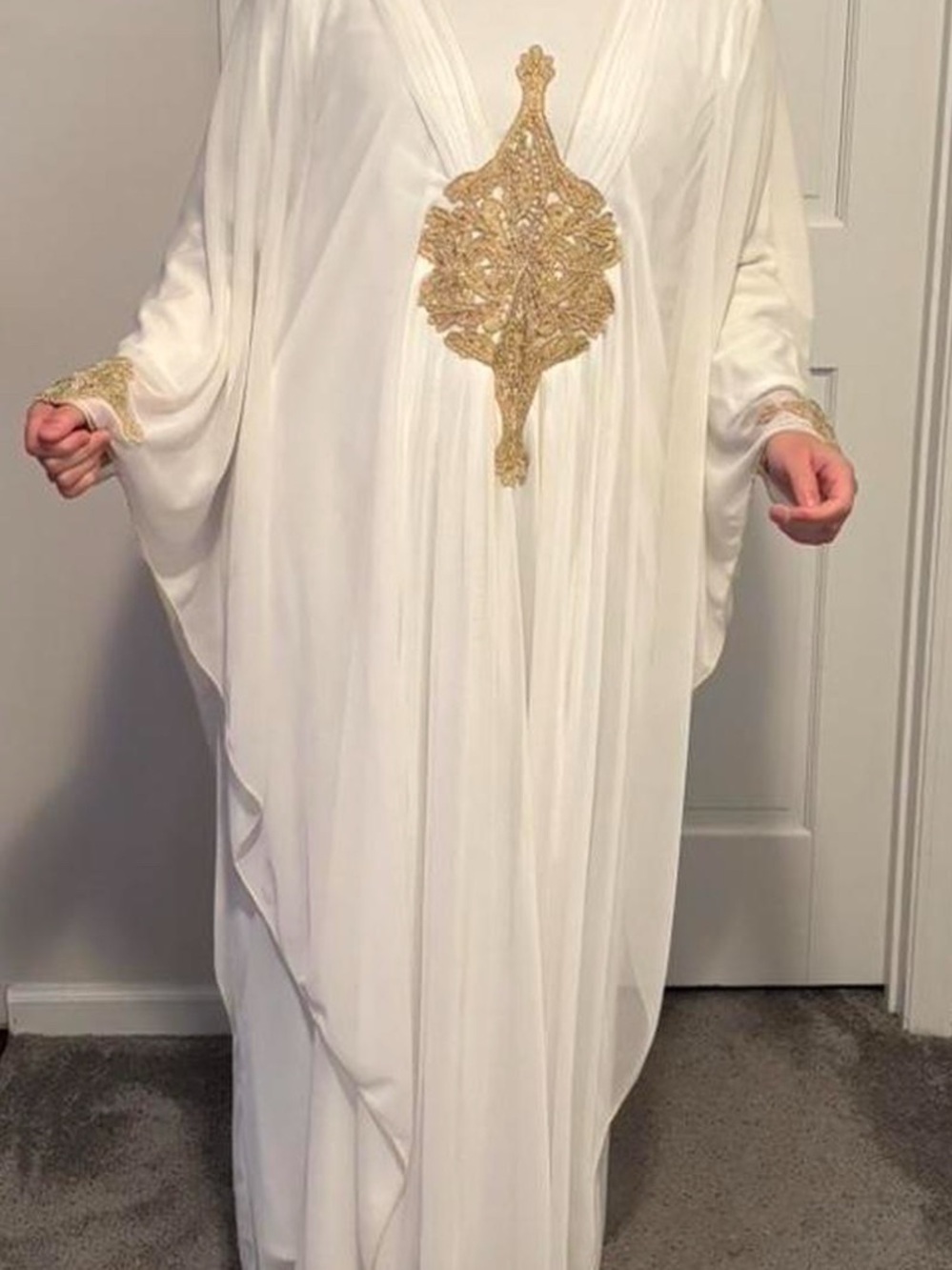 Elegant White & Gold Embroidered Kaftan Dress